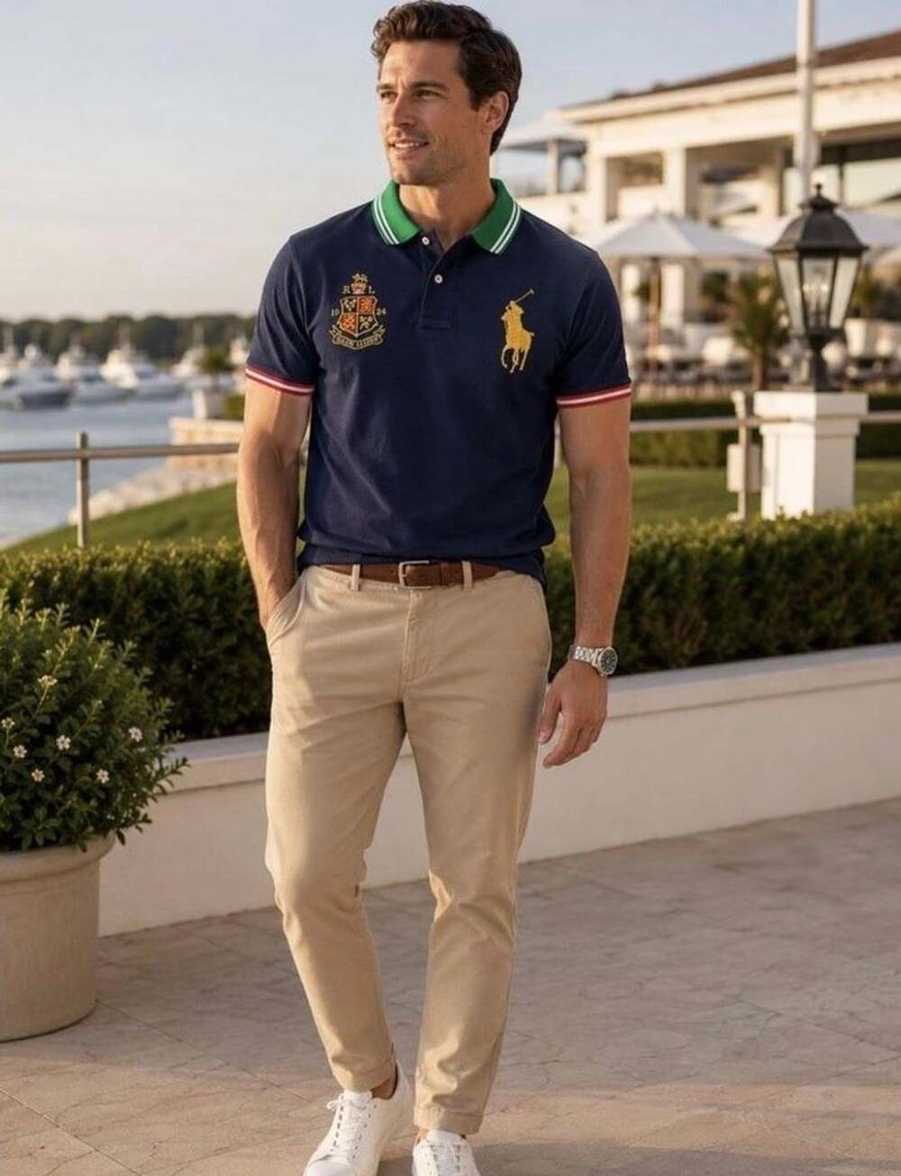 Polo Ralph Lauren Gold Metallic Big Pony Crest Logo Striped Solid Button Shirt